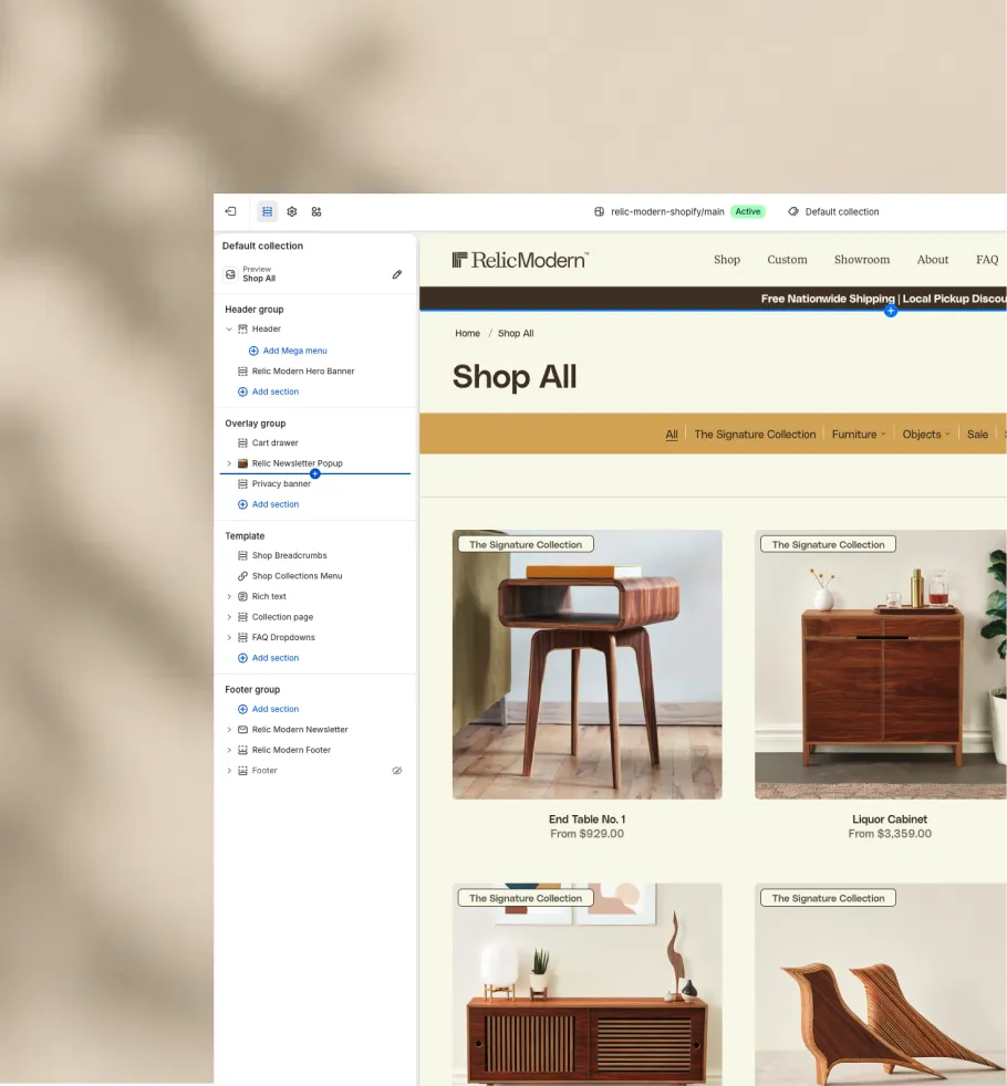 Shopify theme editor showing a custom storefront build