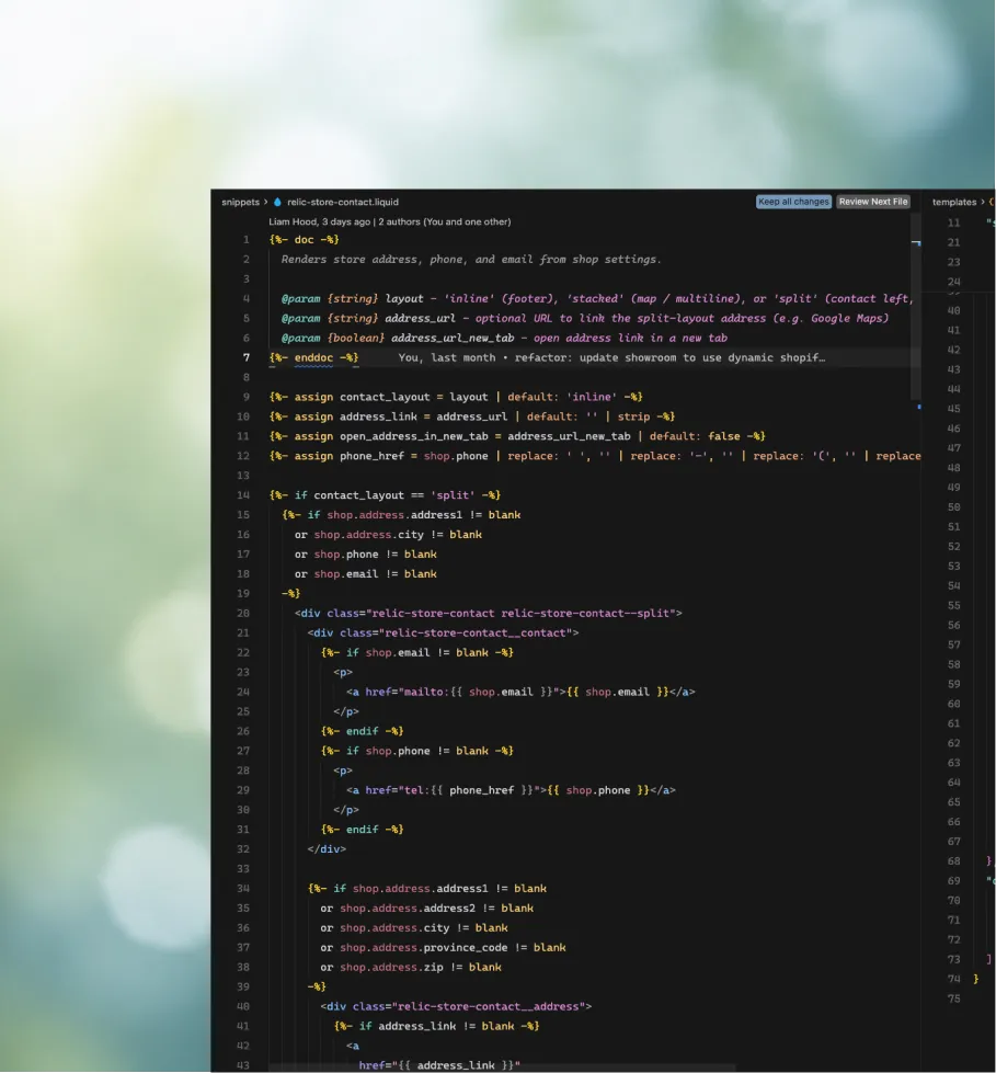Code editor showing Shopify Liquid development